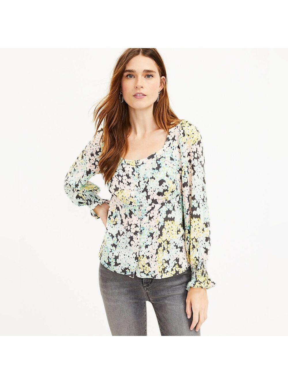 Loft Garden Smocked Cuff Square Neck Blouse